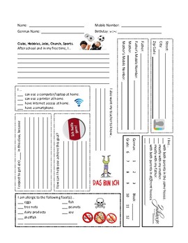 Preview of Back to School Student Information Sheet - German 1-3