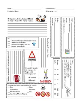 Preview of Student Information Sheet German 3 and up - Back to School
