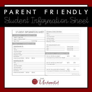 Preview of Student Information Sheet - Parent Friendly