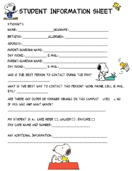 Preview of Snoopy Student Information Sheet