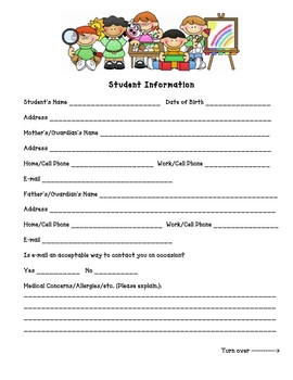 Student Information Sheet - Kindergarten by Goldilox Teaches | TpT