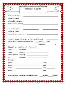 Student Information Sheet for Parent Communication English/Spanish