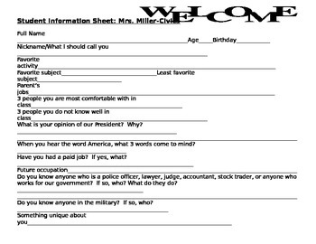 Preview of Student Information Sheet for Social Studies Civics Class worksheet