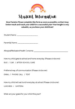 Preview of Student Information Template for Beginning of Year