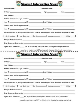 student information and emergency contact card by the polka dot stop