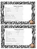 Student Information card zebra and monkey theme