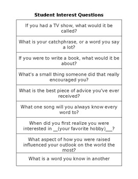 Preview of 25 Questions - Student Interest Questionnaire for Middle School Students