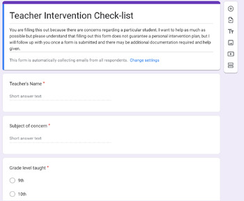 Preview of Student Intervention Survey for Teachers