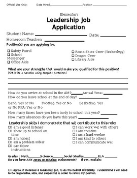 Preview of Student Leadership Application for elementary school-editable&fillable resource