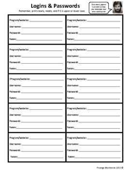 Student Login Information Reference Sheet by Prestige Worldwide Education