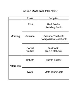 Preview of Student Materials Checklist for Locker - by class period or time of day