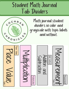 Preview of Student Math Journal Tab Dividers
