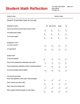 student grade document word sheet Reflection Math Student Math  Sheet Groovy  Teachers by