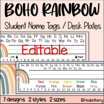 Preview of Boho Rainbow Student Name Plates Desk Tags Editable