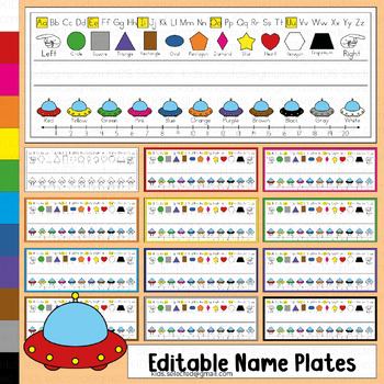 Preview of Student Name Plates Editable Rainbow UFO Primary Desk Tags Outer Space Labels