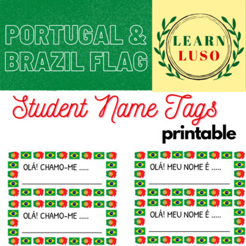 Preview of Student Name Tags - Portugal & Brazil Flags **Editable**