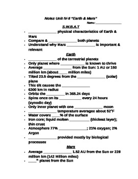 Preview of Student Note Guide PPT Unit IV Lesson II "Earth & Mars"