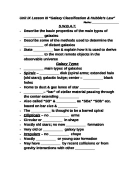 Preview of Student Note Guide PPT Unit IX Lesson III "Galaxy Classification Hubble's Law"