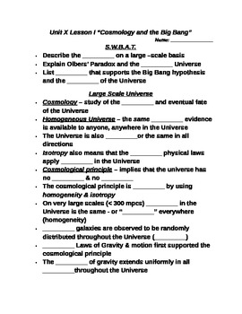 Preview of Student Note Guide PPT Unit X Lesson I "Cosmology and the Big Bang"