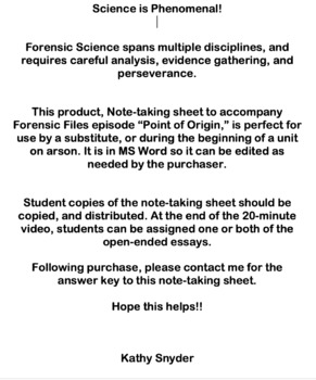 Preview of Student Note-taking sheet to accompany Forensic Files movie "Point of Origin"