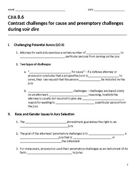 Preview of Student Notes:  Challenges for Cause and Preemptory Challenges during Voir Dire