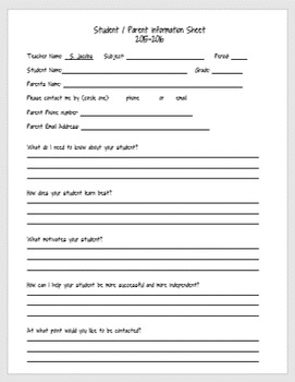 Preview of Student-Parent Contact Information and Questionnaire