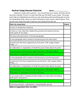 Preview of Student Peer Edit Essay Checklist Compare/Contrast