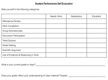 Preview of Student Performance Self Evaluation