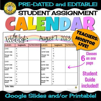 Preview of 2023-2024 Editable Weekly Calendar | Student Assignment Planner  Print & Digital