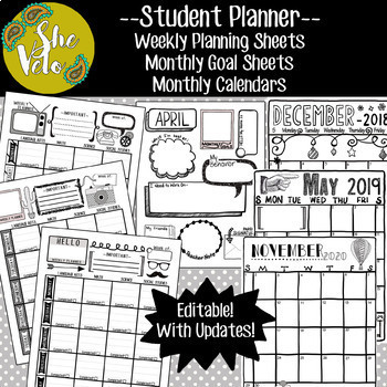 Preview of Student Planner- Calendars, Weekly Planning Sheets, Goal Sheets - Doodle Style!