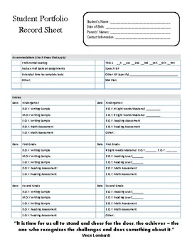 Preview of Student Portfolio Data Sheet