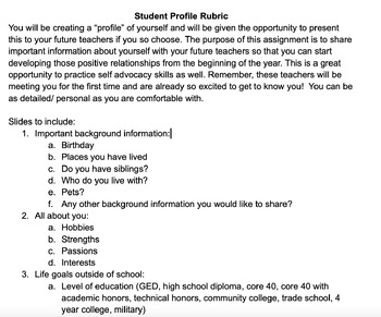 Preview of Student Profile (All About Me) Project