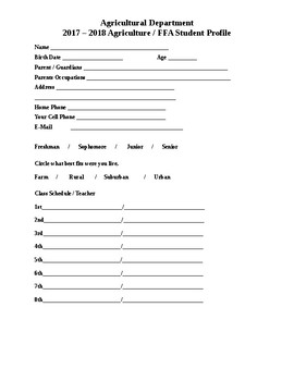 Preview of Student Profile Form  for FFA  and Agriculture