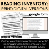 Student Reading Inventory: Paper/Google Form - Habits & Interests