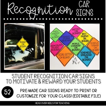 Preview of Student Recognition Car Tags 52 Pre-Made Templates Plus Editable Template