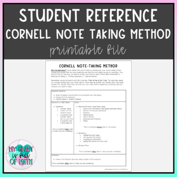 Preview of Student Reference Sheet - Cornell Note-Taking Method