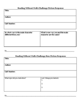 Preview of Student Response Forms for Use with Reading Without Walls Challenge