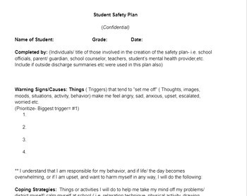 Preview of Student Safety Plan ( Crisis Plan)