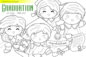 Preview of Student School Graduation Celebrate Study - Black White Outline - Digital Stamp