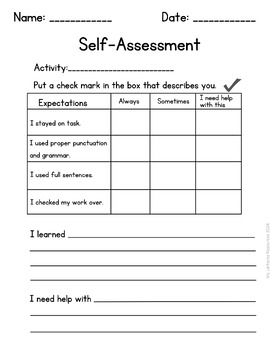 Preview of Student Self Assessment Worksheet
