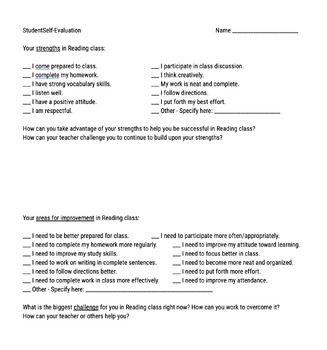 Preview of Student Self-Evaluation *EDITABLE Google Doc