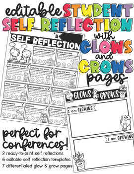 Preview of Student Self Reflection with Glows and Grows - EDITABLE!
