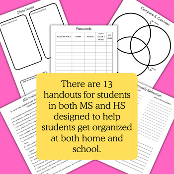 Preview of Student Success for MS & HS Students; 13 Handouts for Organization