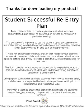 Preview of Student Successful Re-Entry Plan Template