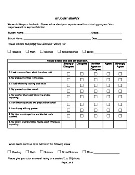 Preview of Student Survey Form for Tutoring Program