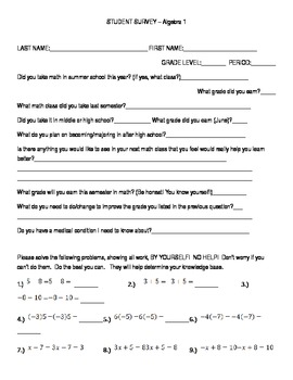 Preview of Student Survey for Algebra and Math - First Day of School