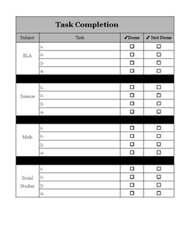 Preview of Student Task Completion Sheet