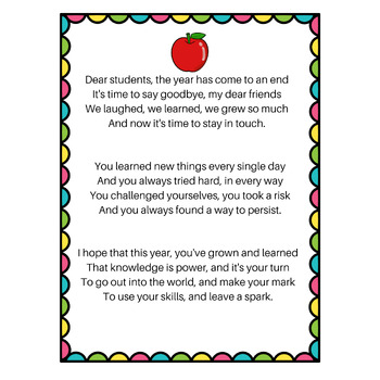Student Teacher Goodbye Poem on the Last Day of School. End of the Year ...