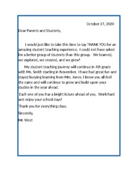 Preview of Student Teacher Thank You Letter