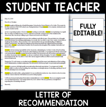 Preview of Student Teacher Letter of Recommendation for Teaching